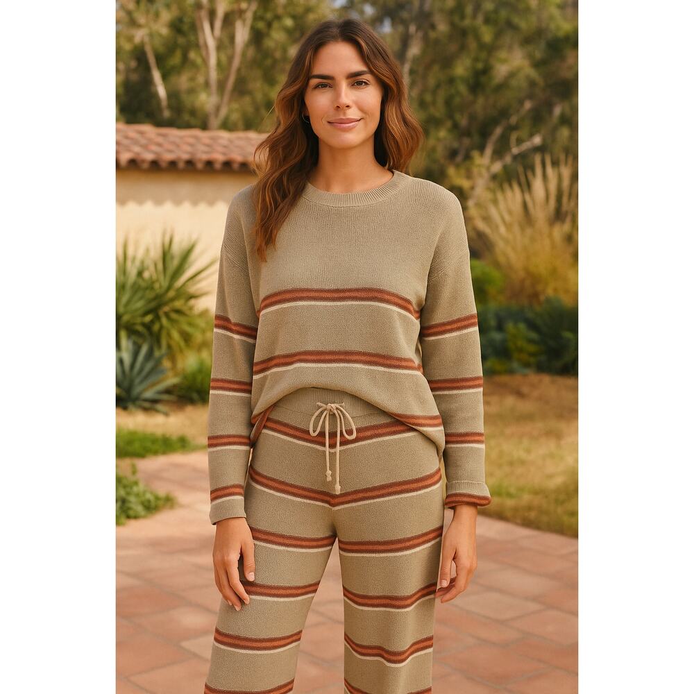 FP Beach Mariner Knit  Striped Lounge Set Top & Pants Mint Green/Brown Size M